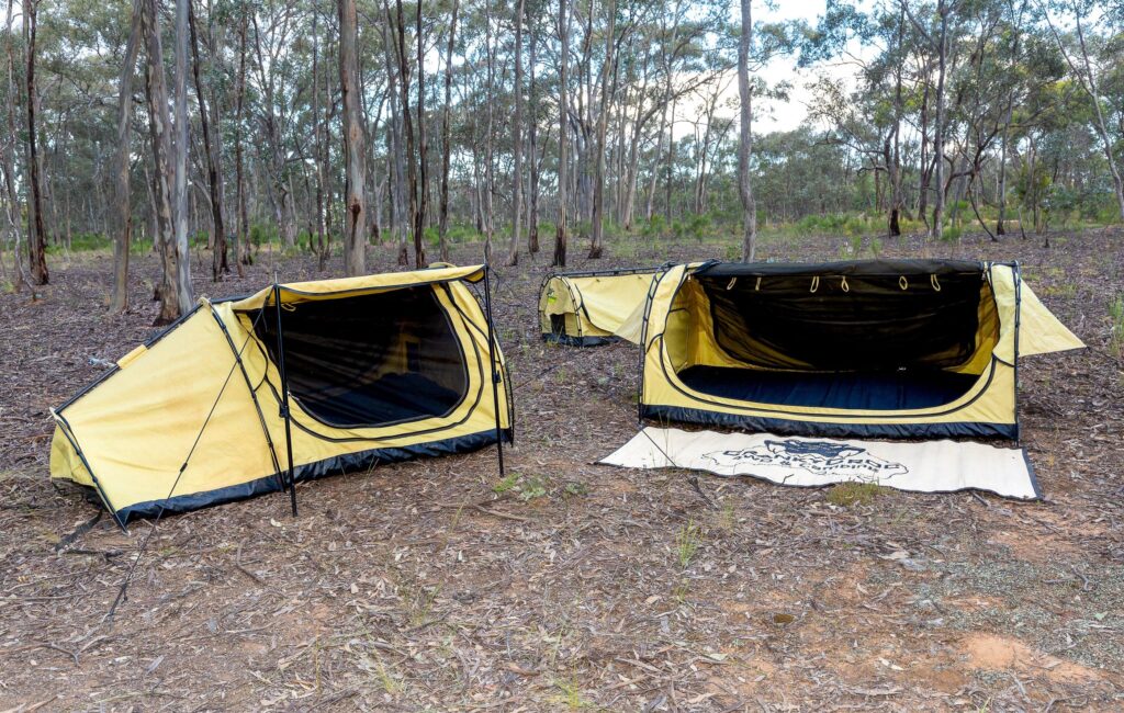 Camping swag sizes comparison showing single king single and double swags